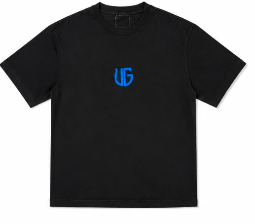 UG Monogram Tee Blue – black tee with blue UG emblem